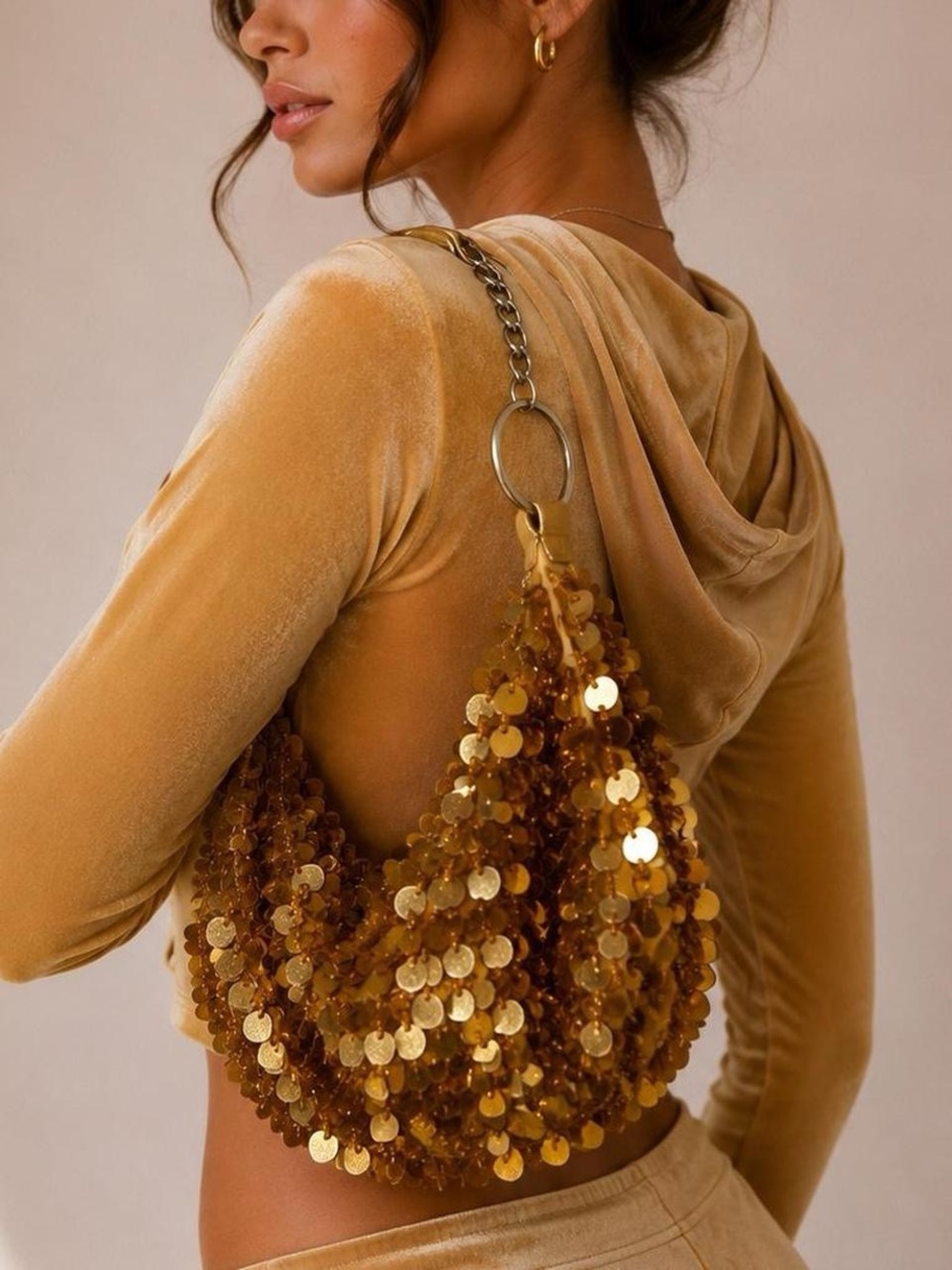 Vintage Y2K Sequin Disc Shoulder Bag - Gold